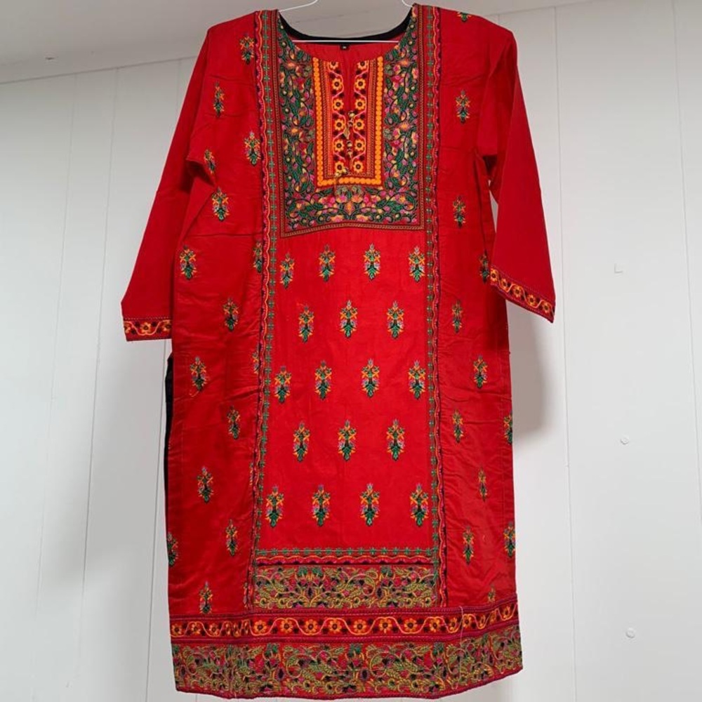 Red Embroidered Tunic Dress